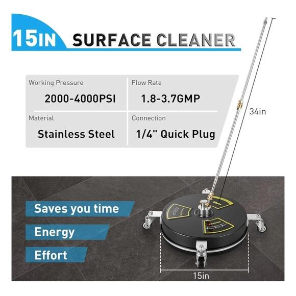 15" Pressure Washer Surface Cleaner 4000 PSI, Wheels Stainless Steel Attachment - Picture 3 of 7